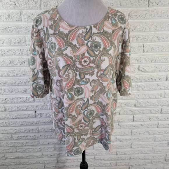Coral Bay Tops - Coral Bay XL Green Pink Paisley T-Shirt Cotton Blend Jersey Stretch PAI43E